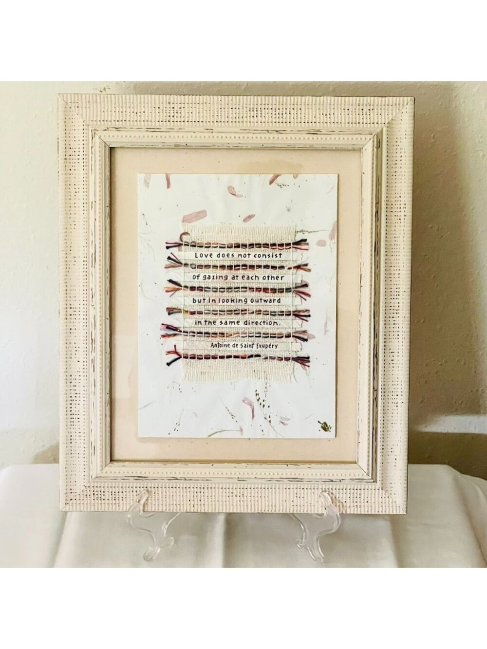 Vintage Antoine de Saint Exupery Mixed Media Fiber Art Framed Love Quote